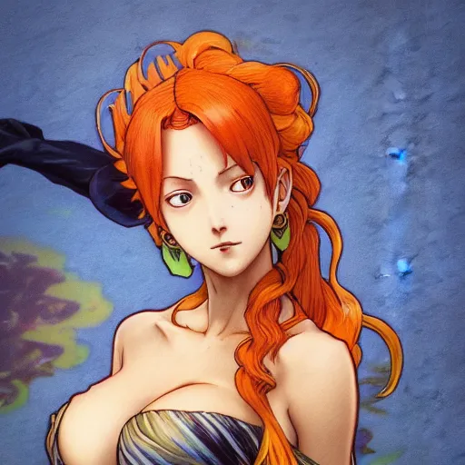 Prompt: intricately detailed vfx portrait of nami from one piece by eiichiro oda, makoto shinkai, alphonse mucha, art by artgerm and greg rutkowski, best of behance, concept art, matte, sharp focus, orange hair, elegant, adolphe bouguereau, annie leibovitz, stanley kubrick, johannes vermeer, hdr,