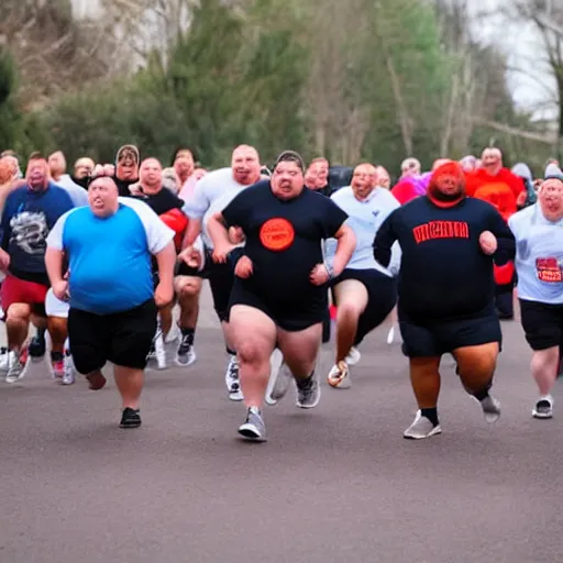 Image similar to a horde of obese men running towards a light in the darkness.