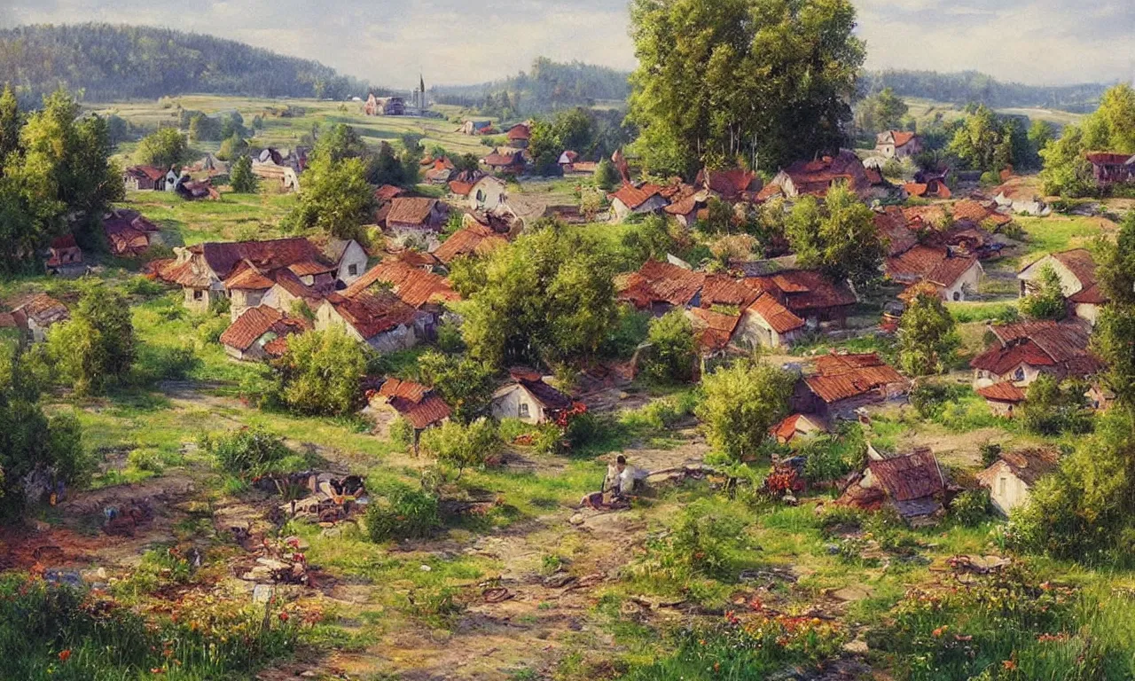 Image similar to a beautiful view of a peaceful village in ukraine. art by denys tsiperko and bogdan rezunenko, hyperrealism