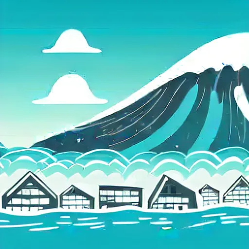 Image similar to giant tsunami wave that is 20 miles high, approaching about to crash into a small coastal town. miniature buildings compared to giant waves are so tall, they seem to touch the sky, large scale image, cartoon color drawing vector illustration, 2d photorealistic flat anime style