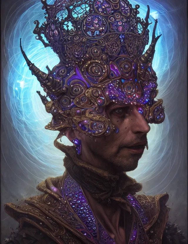 Image similar to front shot of a court jester character, hyperdimensional, bioluminescent hypercubes, dark holography!!!, (((intricate))), elegant, highly detailed, centered, (((artstation, concept art, smooth, sharp focus, artgerm, Tomasz Alen Kopera, Peter Mohrbacher, donato giancola, Joseph Christian Leyendecker, WLOP, Boris Vallejo))), mugshot!!!!!, ugly!!!!!!, octane render, nvidia raytracing demo, octane render, nvidia raytracing demo, octane render, nvidia raytracing demo, grainy, muted, 8K, digitalblasphemy, metatron