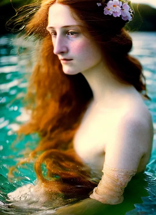 Image similar to Kodak Portra 400, 8K, soft light, volumetric lighting, highly detailed, britt marling style 3/4, extreme Close-up portrait photography of a beautiful woman how pre-Raphaelites with half face in the water, the hair floats on the water, a beautiful lace dress and hair are intricate with highly detailed realistic beautiful flowers , Realistic, Refined, Highly Detailed, natural outdoor soft pastel lighting colors scheme, outdoor fine art photography, Hyper realistic, photo realistic