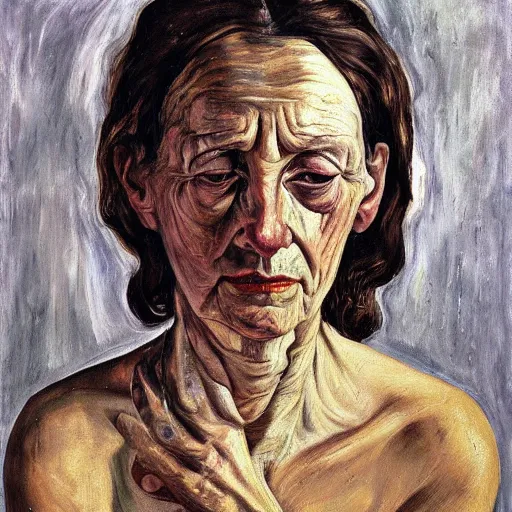 Prompt: Oil painting Portrait of a sad Woman, by Lucian Freud, Abstract brush strokes, Masterpiece