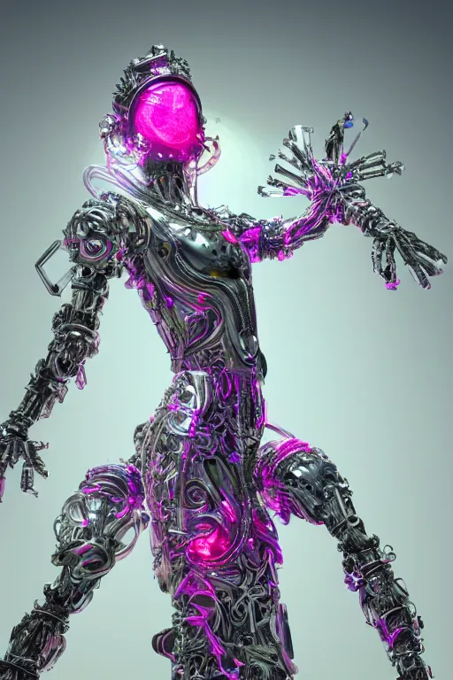 Image similar to full-body rococo and cyberpunk style crystal quartz sculpture of a young handsome seductive Cuban android gogo dancer reaching for the sky, glowing pink laser eyes, crown of white gears and diamonds, swirling green-colored silk fabric. futuristic elements. full-length view. intricate artwork by caravaggio. Trending on artstation, octane render, cinematic lighting from the right, hyper realism, octane render, 8k, depth of field, 3D