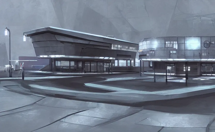 Image similar to Futuristic police station. By Frank Lloyd Wright, concept art, digital painting, unreal engine,highly detailded