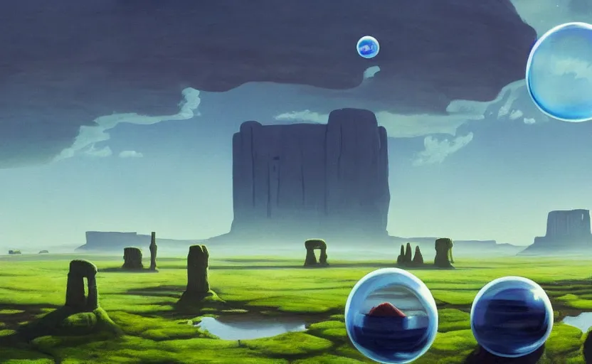 Prompt: a scary hyperrealist painting of a stone spaceship and a giant transparent bubble from howl's moving castle ( 2 0 0 4 ) in a flooded monument valley stonehenge jungle. depth perception, 4 k, artstation, in the style of studio ghibli