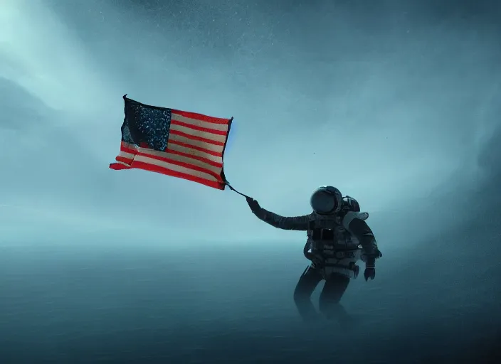 Image similar to astronaut holding a flag in an underwater desert. a submarine is visible in the distance. dark, concept art, cinematic, dramatic, atmospheric, 8 k, trending on artstation, blue, fish, low visibility, fog, ocean floor, christopher nolan, interstellar