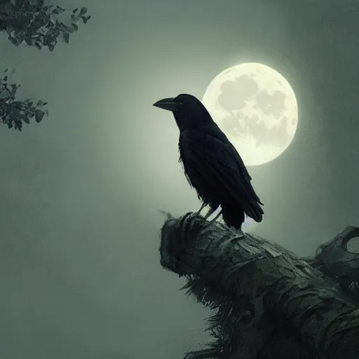 Image similar to crow on tree in front of the full big moon, highly detailed, digital painting, artstation, concept art, smooth, sharp focus, illustration, Unreal Engine 5, 8K, art by artgerm and greg rutkowski and alphonse mucha