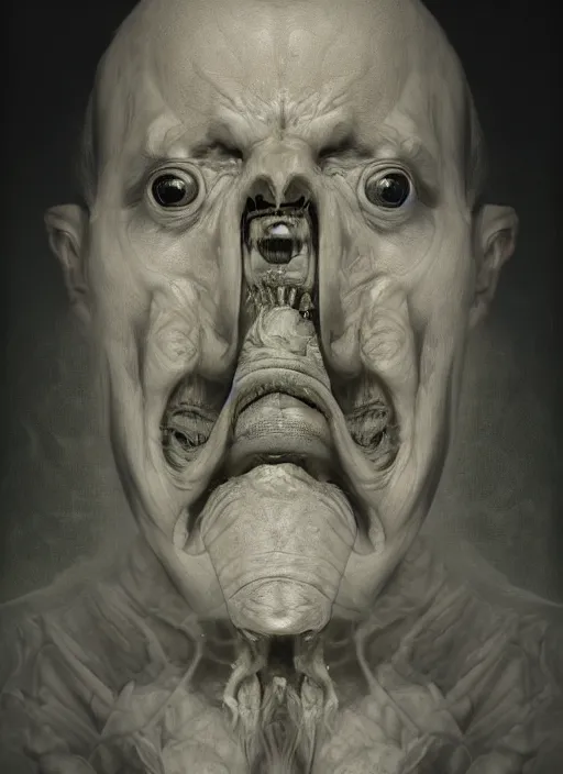 Prompt: portrait of janus bifrons, cinematic lighting, studio portrait against a black background, modern fine art, fractal, intricate, elegant, highly detailed, digital photography, subsurface scattering, in the style of ghost, by jheronimus bosch and yue minjun and giger and greg rutkowski,