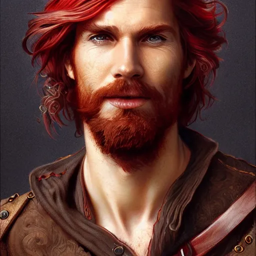 Image similar to portrait of a young ruggedly handsome but joyful pirate, male, masculine, upper body, red crimson hair, long hair, fantasy, devious smirk, intricate, elegant, highly detailed, digital painting, artstation, concept art, matte, sharp focus, illustration, art by artgerm and greg rutkowski and alphonse mucha