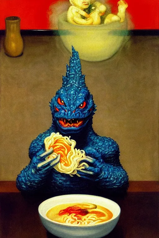 Image similar to evil human giant baby godzilla eating a huge bowl of ramen in new york city, hauntingly surreal, highly detailed painting by francis bacon, edward hopper, adrian ghenie, gerhard richter, and james jean soft light 4 k,