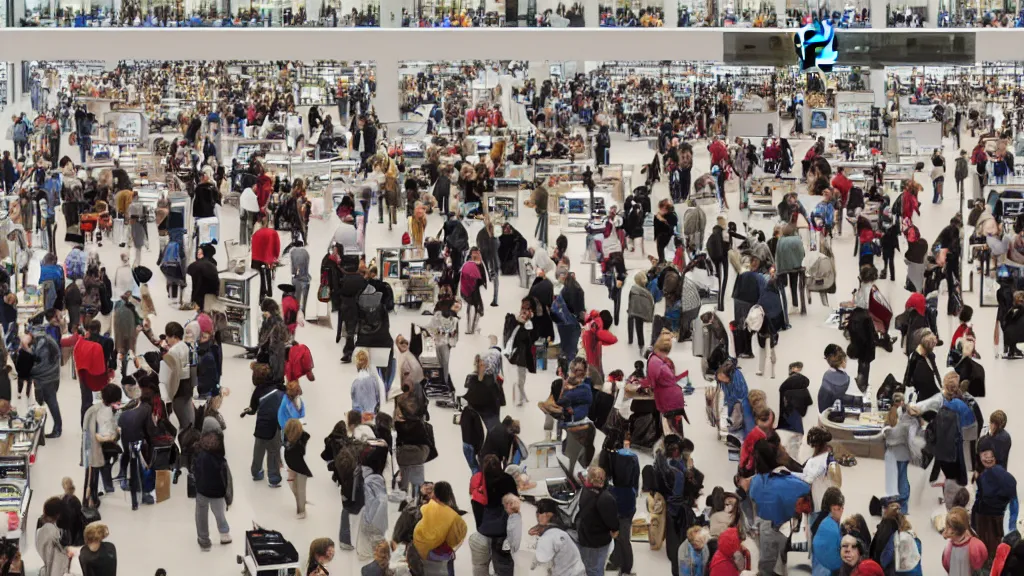 Image similar to A crowd of people shopping iPhones iPads and Macbooks and buying products in the interior of a large Apple Store, in the style of a Where\'s Waldo image by Martin Handford, cartoon, ultra-wide shot