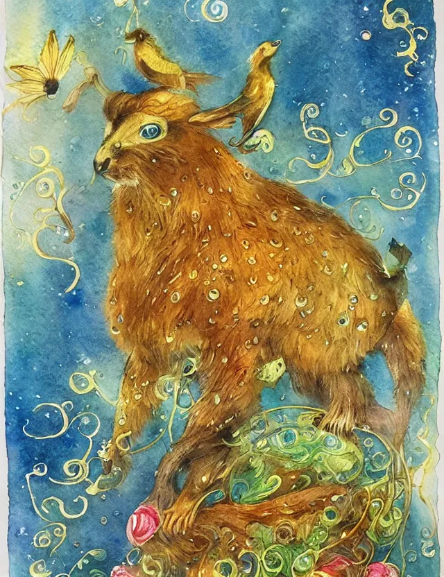 Prompt: deity of spring rain, in animal form. this watercolor and goldleaf work by the beloved children's book illustrator has interesting color contrasts, plenty of details and impeccable lighting.