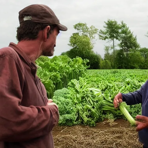 Prompt: two farmers arguing about vegetables, with subtitles