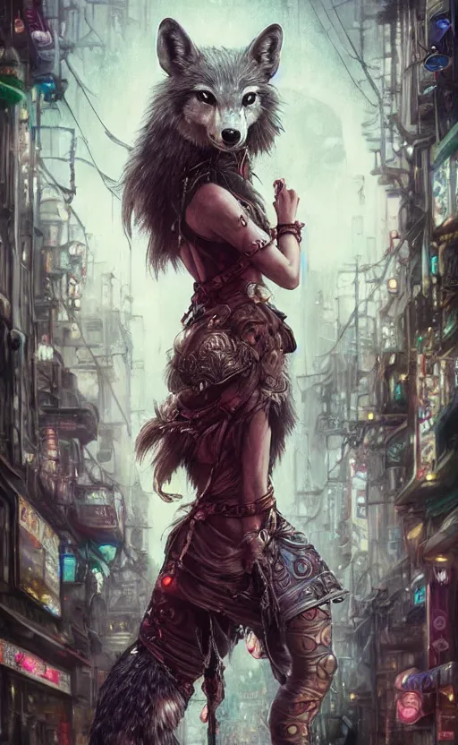 Image similar to hyper realistic Princess Mononoke, ornate mask magic, wet market street, cyberpunk metropolis, city landscape, jewels, full body pose, full moon, wolf by her side, style of tom bagshaw, mucha, james gurney, norman rockwell, denoised, sharp