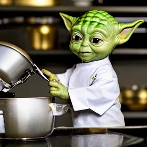 Prompt: tiny and innocent baby yoda appears as a chef wearing a white chefs hat and apron in a beautiful kitchen, preparing some food