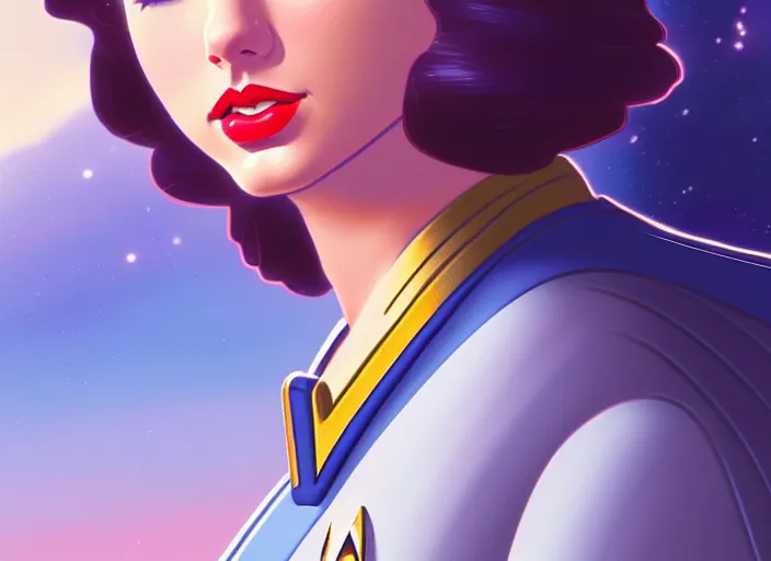 Image similar to a disney film still of taylor swift as a star trek officer, finely detailed features, closeup of the face, perfect art, dusk, blue hour, gapmoe yandere grimdark, trending on pixiv fanbox, painted by greg rutkowski, makoto shinkai, takashi takeuchi, alphonse mucha, akihiko yoshida