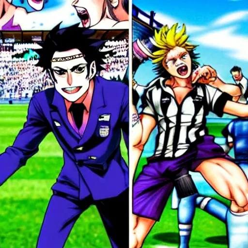 Image similar to drunk English football fans in Jojo's Bizarre Adventure by Hirohiko Araki