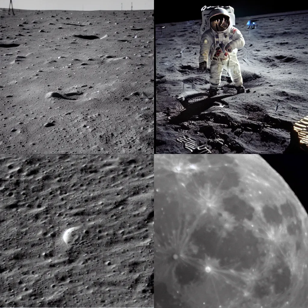 Prompt: moon landing, apollo 1 1, grainy footage, close up