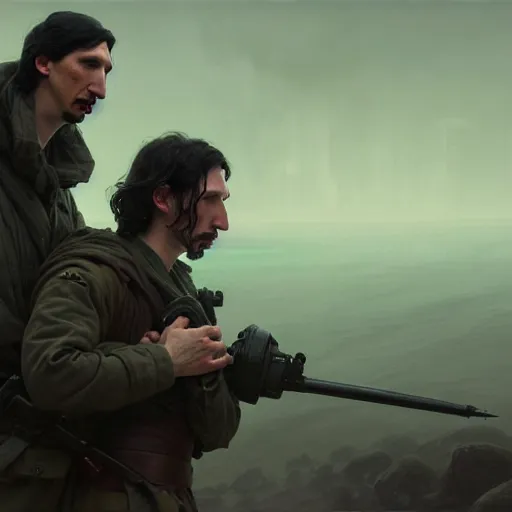 Prompt: portrait of adam driver helping a wounded john oliver, standing together, stoic, full body, military uniform, battle, war, cinematic lighting by darek zabrocki and greg ruthkowski, alphonse mucha, simon stalenhag and cinematic and blue cold atmospheric, concept art, artstation, trending on artstation - w 8 3 2