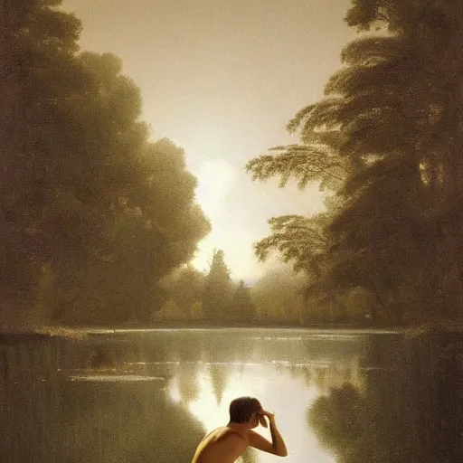 Prompt: an all white human, with no facial features, like a white mask pulled over their face, full body laying in a blood red pool of water between a golden mirror frame, outside is space at the bohemian grove and inside the mirror frame is a beautiful landscape., physically accurate, dynamic lighting, intricate, elegant, highly detailed, very very Roberto Ferri, sharp focus, very very unsettling, very terrifying, illustration, art