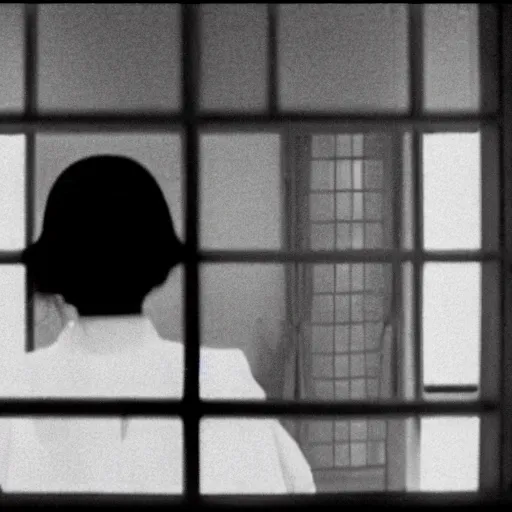 Image similar to woman in traditional hanbok waiting on living room couch, shadow of a giant Kaiju-eiga starfish, behind screen window, 35mm film still, monochrome, Wes Anderson, Fritz Lang