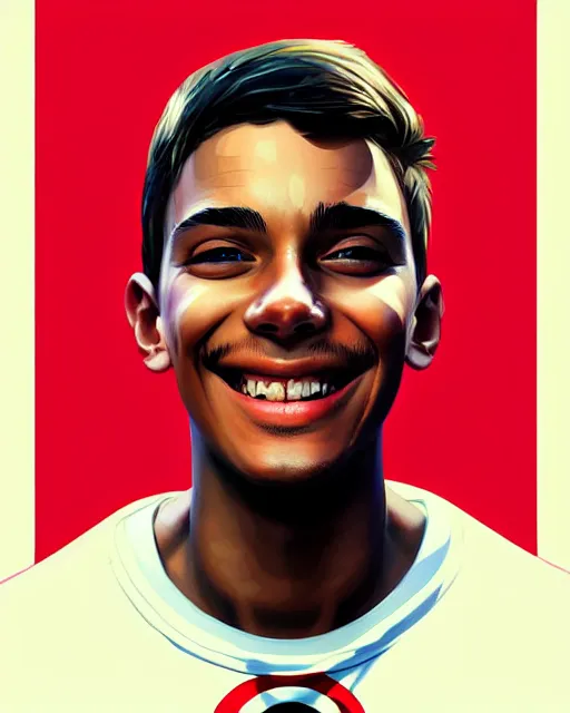 Prompt: digital art of smiling boy, illustration, highly detailed, simple, no jagged lines, smooth, artstation, artwork by obey, artwork by sandra chevrier