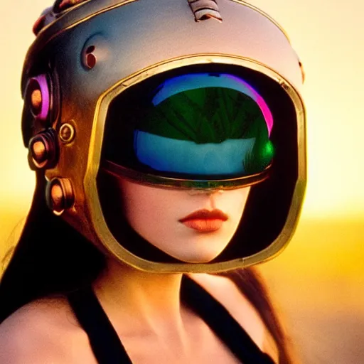 Prompt: beautiful Fine art photo of a young woman wearing a cyberpunk mayan helmet, photorealistic, high quality, sunset lighting, in the movie 2001 A SpaceOdyssey, 8k