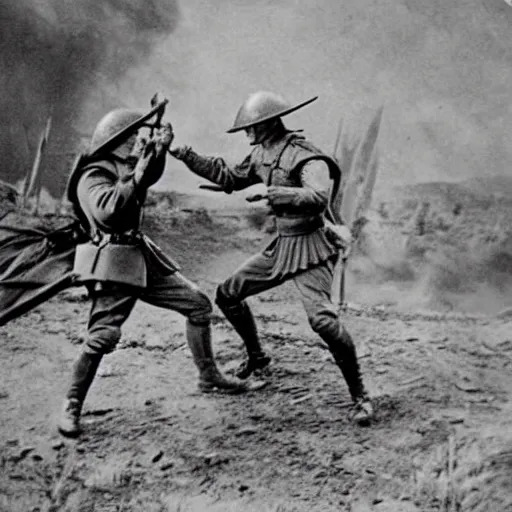 Prompt: vintage photograph of sauron fighting in ww 1