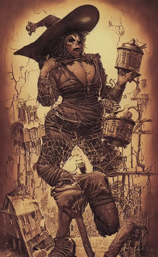 Prompt: Aunt Jemima, heavy metal magazine cover, 1980s, intricate pancakes and syrup witch, atmospheric, realism, horror, grimy, sinister, highly detailed, high octane render, HD, anatomy, symmetrical body, symmetrical face, scary, cracked brick background, in the style of Frank frazetta and moebius, Peter mohrbacher and John William Waterhouse