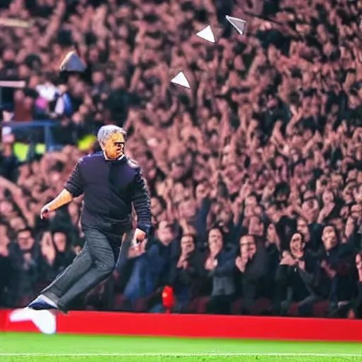 Image similar to close photograph, jose mourinho jumping in the sky shooting lasers, beautiful picture