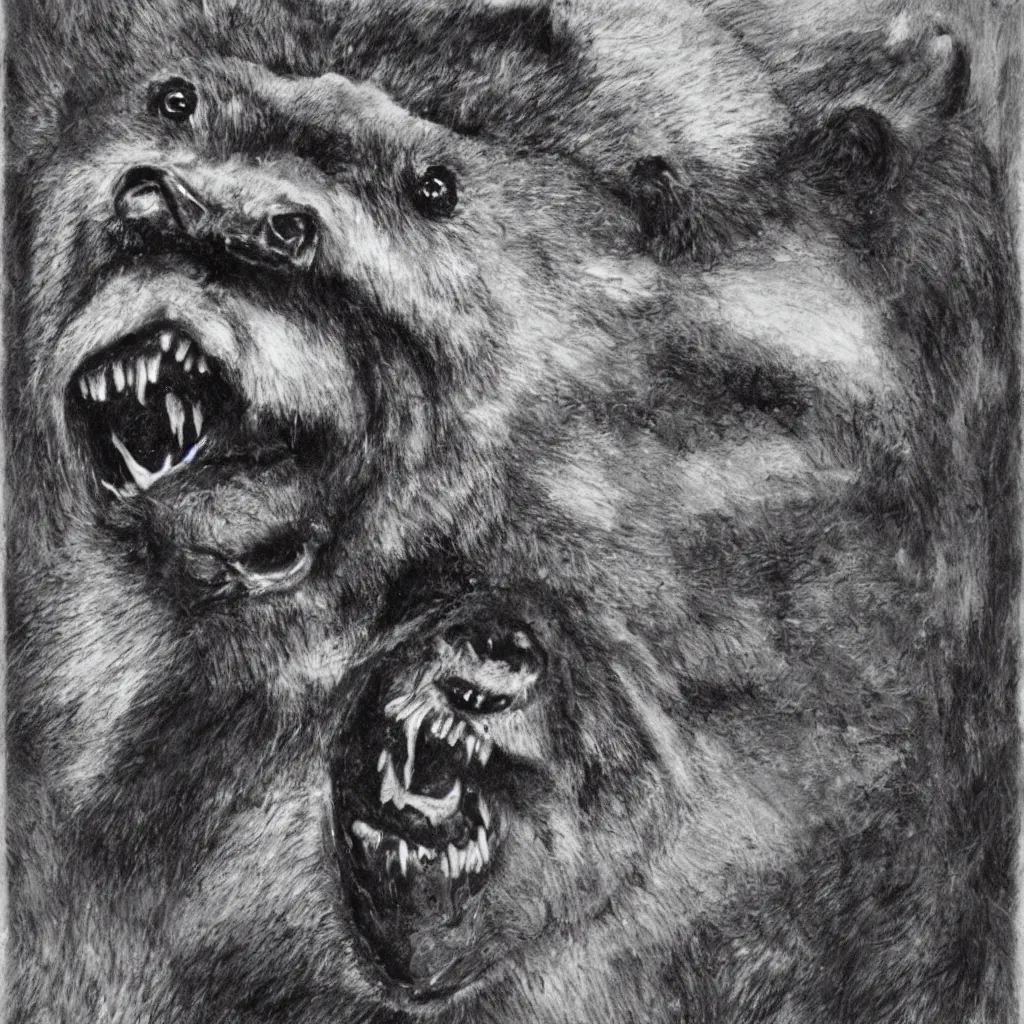 Image similar to horrifying bear, fangs, style of mark powell