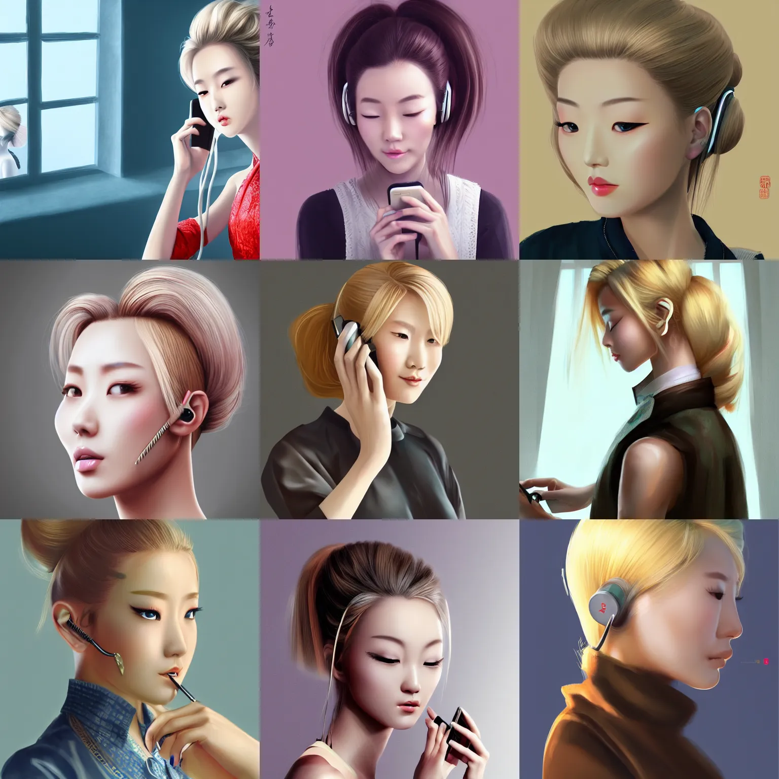 Prompt: blonde updo chinese beauty on the phone to the computer, overhead view, artstation