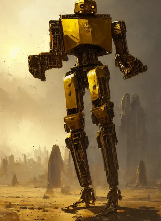 Image similar to human-sized strong intricate yellow pit droid carrying very detailed perfect antique great sword and beautiful large paladin shield, pancake short large head, exposed metal bones, painterly humanoid mecha, slightly far away, by Greg Rutkowski, epic painting