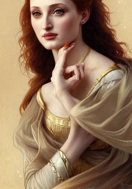 Image similar to sansa angeline jolie gessica chastain, intricate, elegant, highly detailed, digital painting, artstation, concept art, smooth, sharp focus, illustration, art by artgerm and greg rutkowski and alphonse mucha and william - adolphe bouguereau