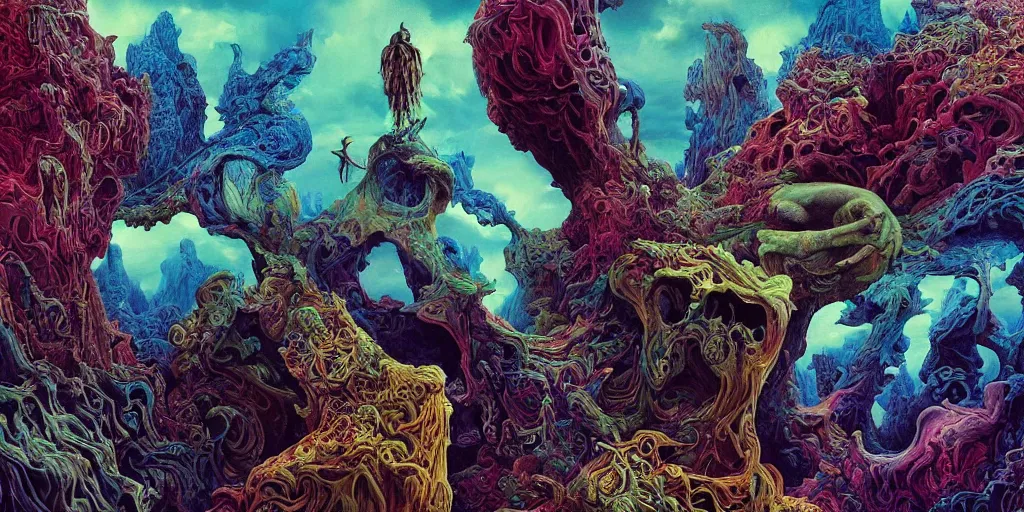 Image similar to ultrawide angle colour masterpiece surreal closeup portrait photography of surrealism by annie leibovitz and michael cheval, incredible sense of depth and perspective and clarity, weird surreal epic psychedelic complex biomorphic 3 d fractal landscape giant beast skull by kilian eng and roger dean and giger and salvador dali and beksinski, 8 k