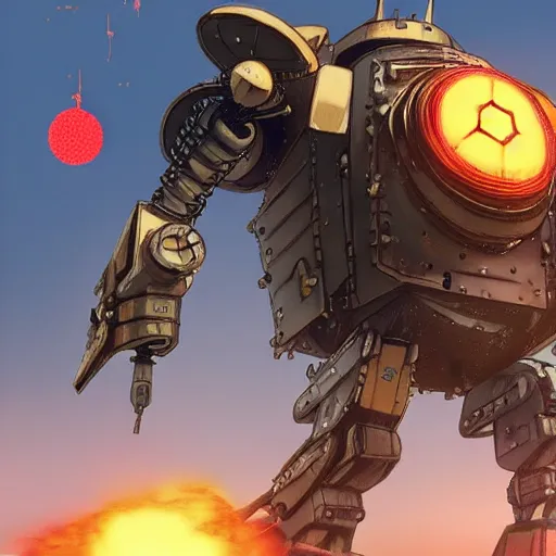 Image similar to a giant steampunk robot shooting at another giant steampunk robot, epic, intense, particles, studio ghibli, anime,