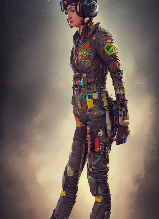 Prompt: detailed full body concept art illustration colorful oil painting of a female pilot in full intricate clothing, ultra detailed, digital art, octane render, 4K, dystopian, micro details, hyper realistic