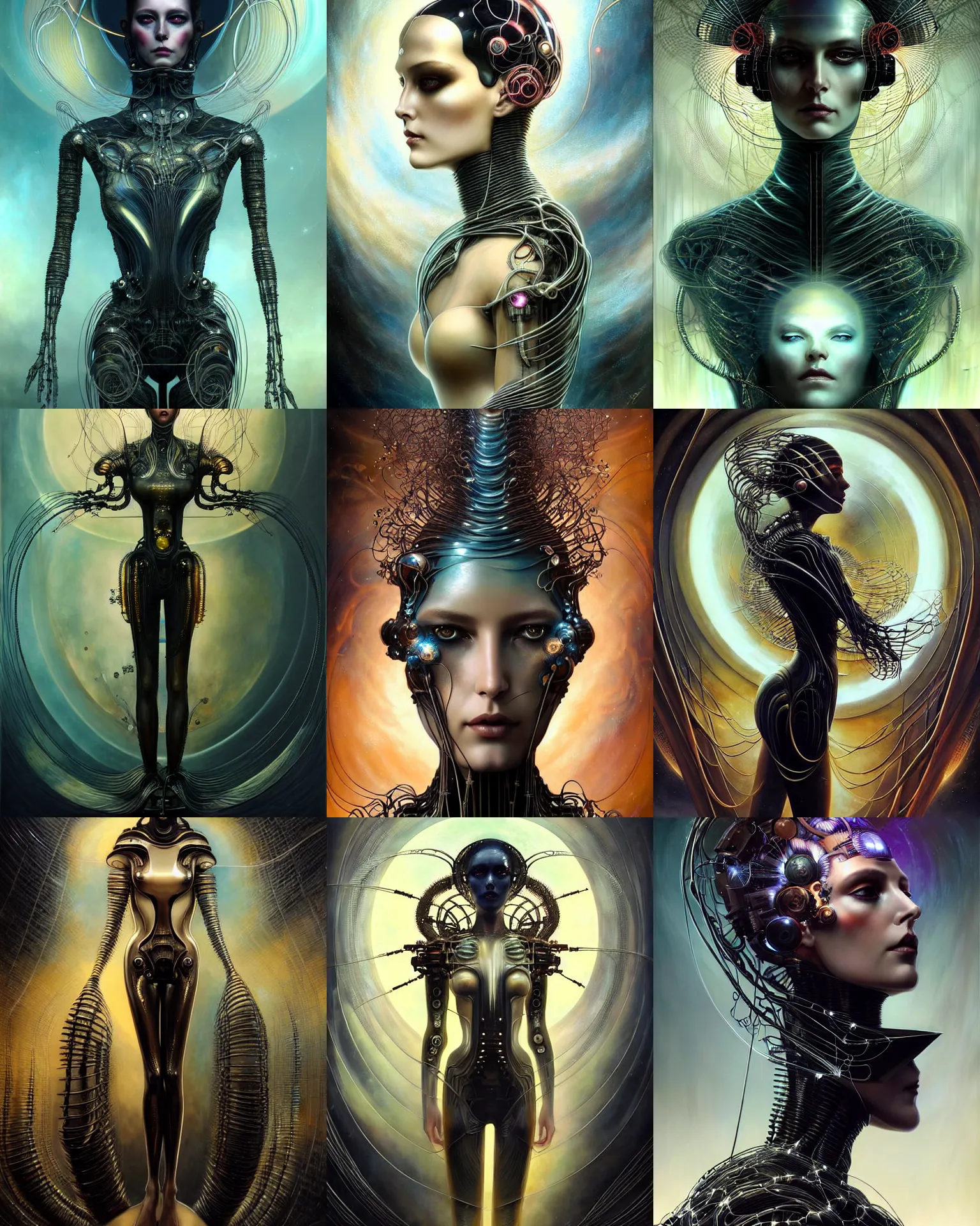 Prompt: karol bak and tom bagshaw and lecouffe - deharme full body character portrait of the borg queen of sentient parasitic flowing ai, floating in a powerful zen state, supermodel, beautiful and ominous, wearing combination of mecha and bodysuit made of wires and fractal ceramic, machinery enveloping nature in the background, artstation scifi character render