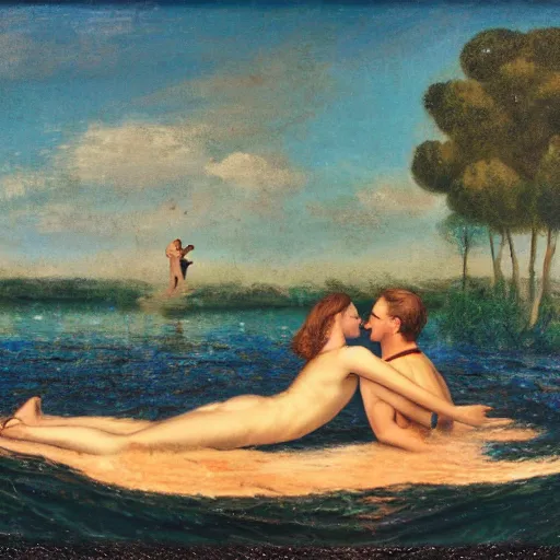 Prompt: Man and woman swimming in a lagoon