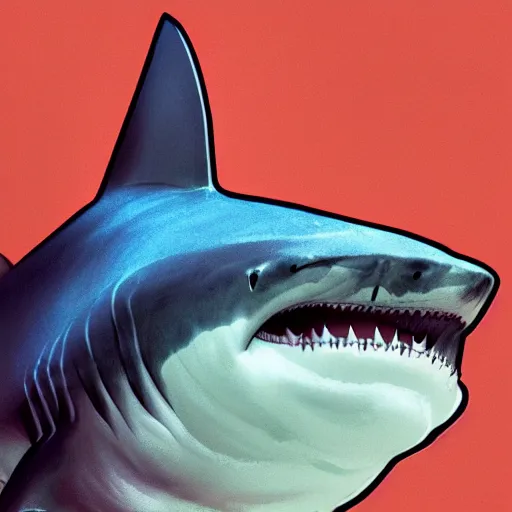 Image similar to great white shark, side view, with a conical orange traffic cone orange traffic cone orange traffic cone instead of a fin - ron cheng & alphonse mucha, highly detailed, digital painting, ray tracing, concept art, illustration, smooth sharp focus, intricate, symmetry, artstation,