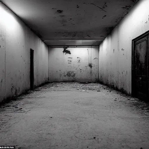 Image similar to the backrooms, the eerie forlorn atmosphere of a place that's usually bustling with people but is now abandoned and quiet, walls with a monochromatic tone of yellow, buzzing fluorescent lights, unsettling images