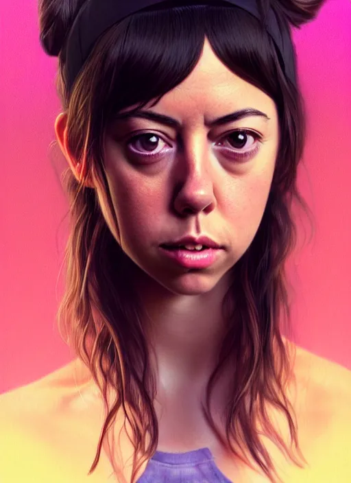 Image similar to portrait of young aubrey plaza with bangs, hippie, long hair, groovy hairband, bangs, intricate, smooth, groovy lighting, highly detailed, digital painting, artstation, concept art, smooth, sharp focus, illustration, art by wlop, mars ravelo and greg rutkowski