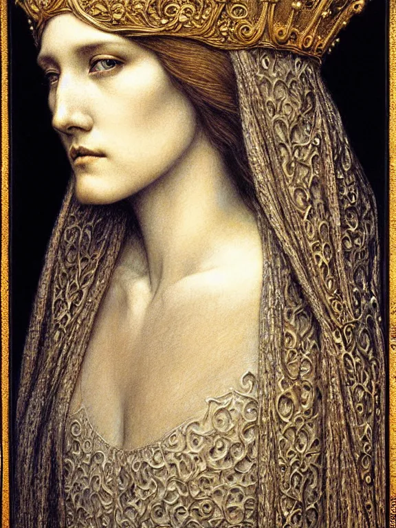 Image similar to detailed realistic beautiful young medieval queen face portrait by jean delville, gustave dore and marco mazzoni, art nouveau, symbolist, visionary, gothic, pre - raphaelite. horizontal symmetry