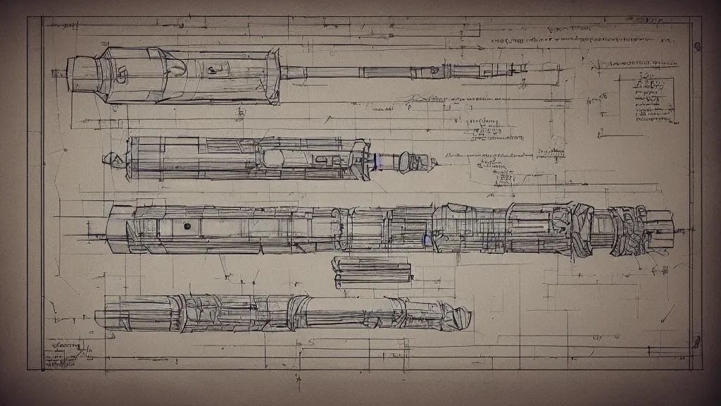 Image similar to renaissance blueprint of a lightsaber