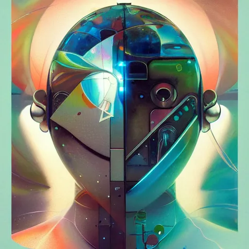 Image similar to scifi futurism automaton minimalism chrome by peter mohrbacher art Hajime Sorayama airbrush hyperrealism model abstract shatter fragments cubism futurism pastel blue soft flat minimal minimalism portrait face jackson pollock ukiyo-e lithograph mark ruthko swirl escape noise shimmer glow paint