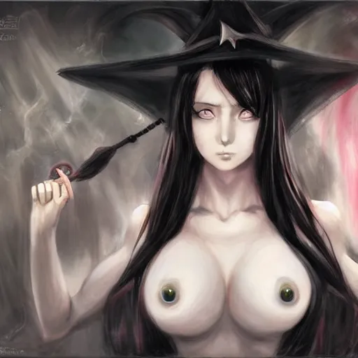 Prompt: Stern looking grown up anime women (fully clothed with witch stuff ) as a evil witch with pale white skin casting a spell ,Evil eyes , artstation , 4K , Highly detailed , high quality , dramatic lighting , drawn by someone, elegant, highly detailed, centered, digital painting, artstation, concept art, artgerm, donato giancola, Joseph Christian Leyendecker, WLOP, Boris Vallejo