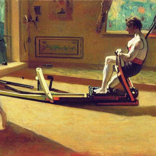 Image similar to a rabbit using a rowing machine, in the style of ilya repin