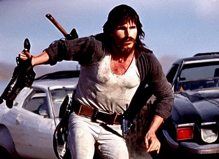 Image similar to film still of Christian Bale as Max in Mad Max 1979