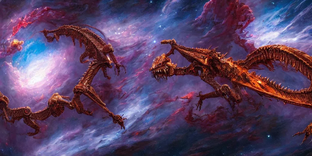 Image similar to a cinematic shot of a dragon skeleton in outer space, epic nebula, Dan Seagrave art